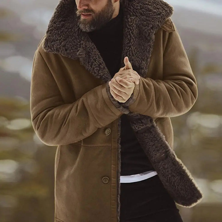Men Windproof  Lapel Mid-Length Thicken Fur Lined Casual Jacket