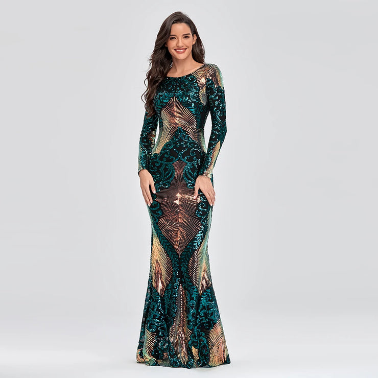 Luxury O-neck Long-Sleeve Shinning party Wear Dress