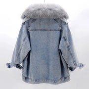 NATURAL FOX FUR COLLAR REMOVABLE RABBIT FUR DENIM JACKET