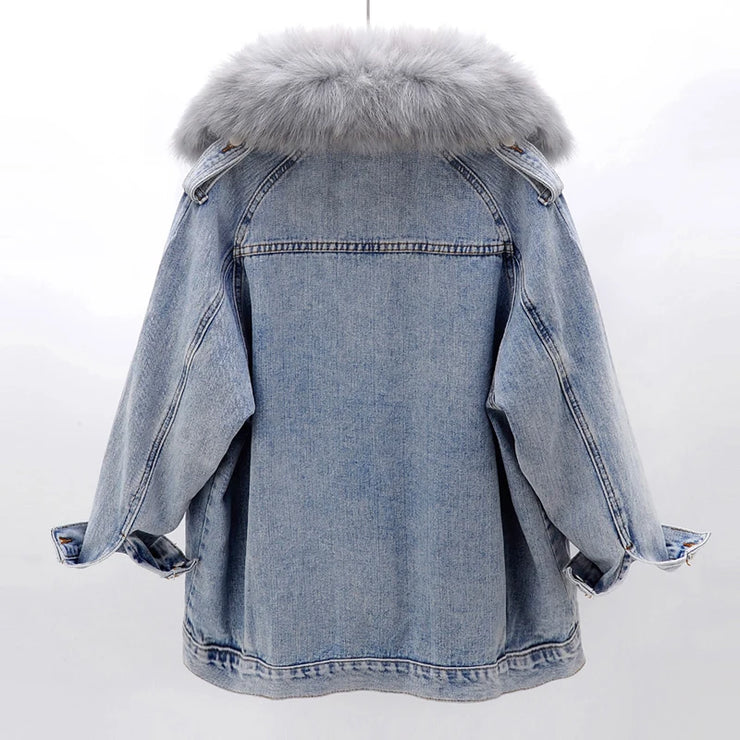 NATURAL FOX FUR COLLAR REMOVABLE RABBIT FUR DENIM JACKET