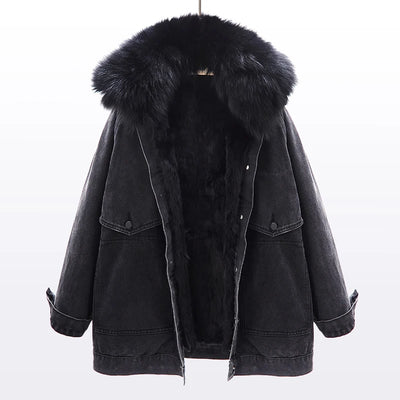 NATURAL FOX FUR COLLAR REMOVABLE RABBIT FUR DENIM JACKET