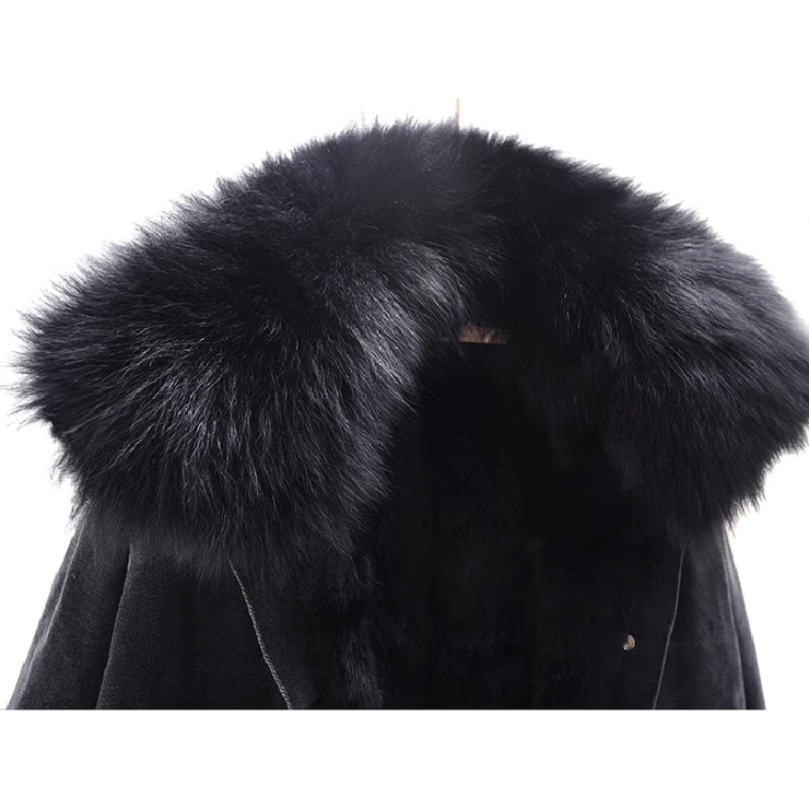 NATURAL FOX FUR COLLAR REMOVABLE RABBIT FUR DENIM JACKET