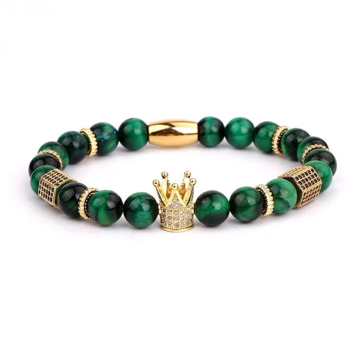 Classic Cubic Zirconia Crown Charm Natural Stone Beads Elastic Bracelet
