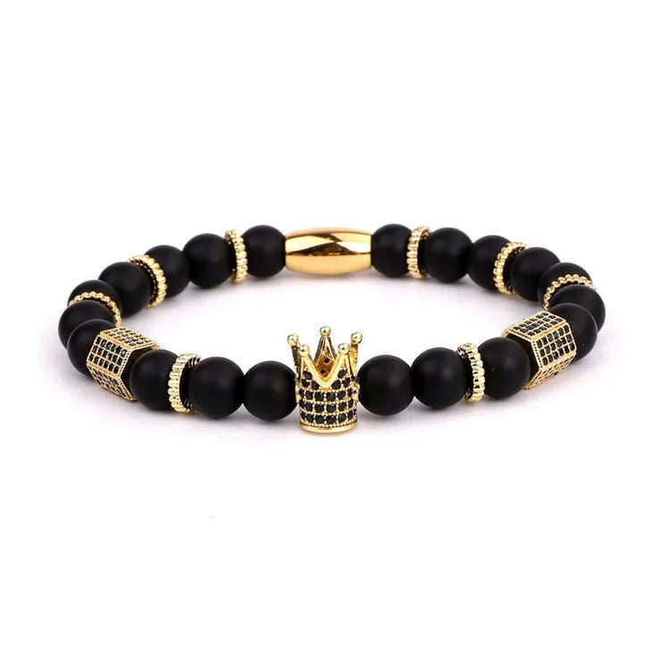 Classic Cubic Zirconia Crown Charm Natural Stone Beads Elastic Bracelet