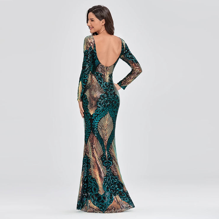Luxury O-neck Long-Sleeve Shinning party Wear Dress