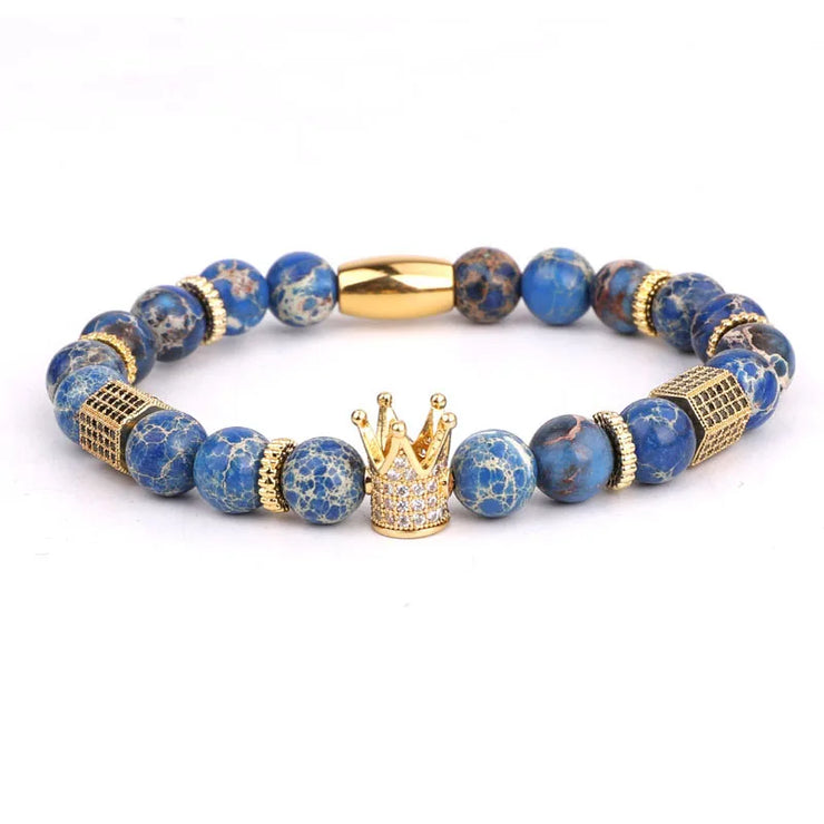 Classic Cubic Zirconia Crown Charm Natural Stone Beads Elastic Bracelet