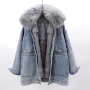 NATURAL FOX FUR COLLAR REMOVABLE RABBIT FUR DENIM JACKET