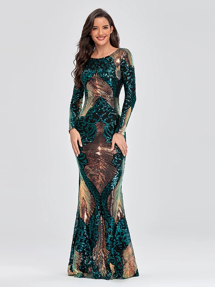 Luxury O-neck Long-Sleeve Shinning party Wear Dress