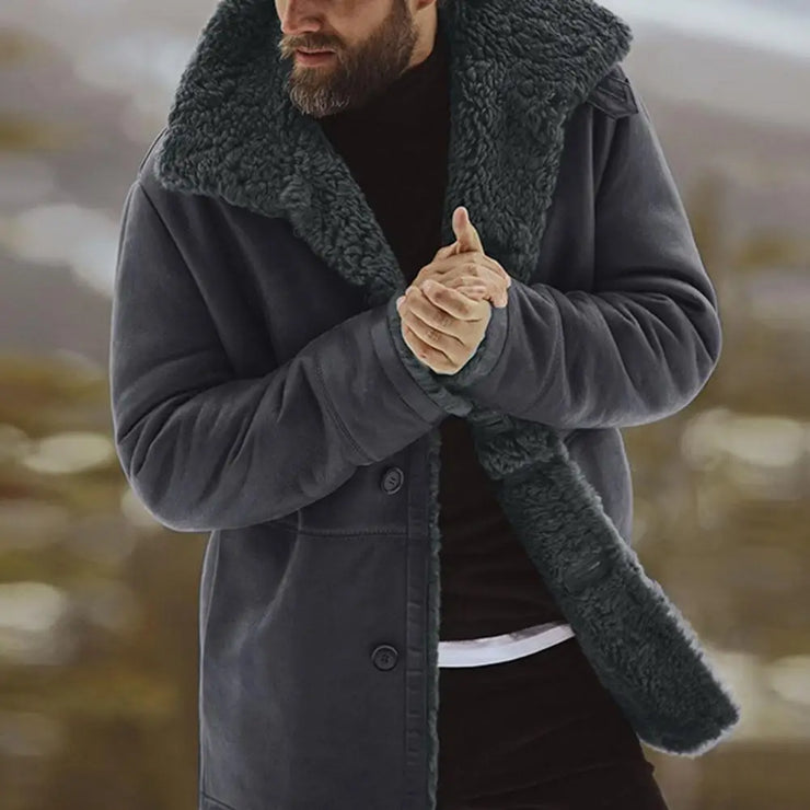 Men Windproof  Lapel Mid-Length Thicken Fur Lined Casual Jacket
