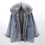 NATURAL FOX FUR COLLAR REMOVABLE RABBIT FUR DENIM JACKET