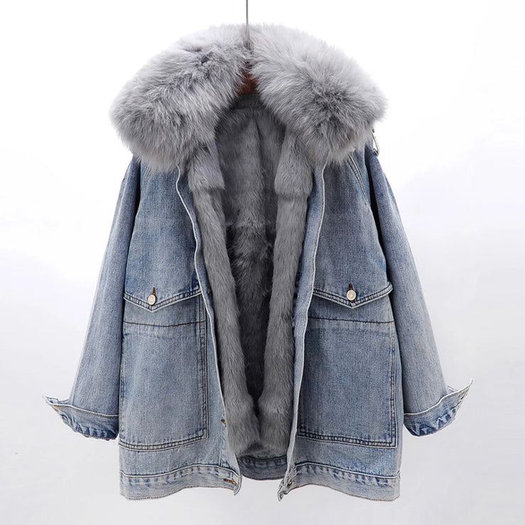NATURAL FOX FUR COLLAR REMOVABLE RABBIT FUR DENIM JACKET