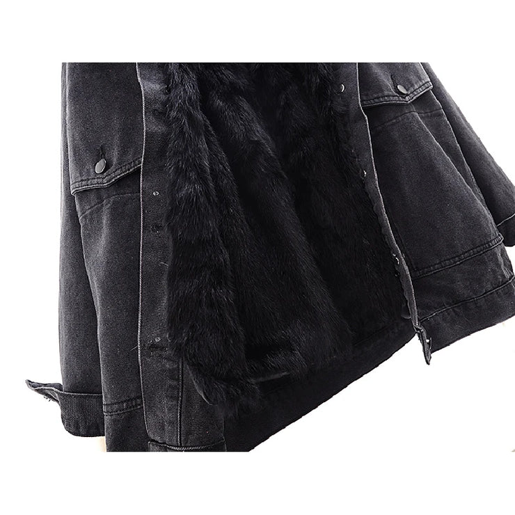 NATURAL FOX FUR COLLAR REMOVABLE RABBIT FUR DENIM JACKET