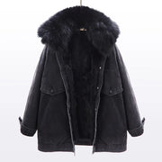 NATURAL FOX FUR COLLAR REMOVABLE RABBIT FUR DENIM JACKET