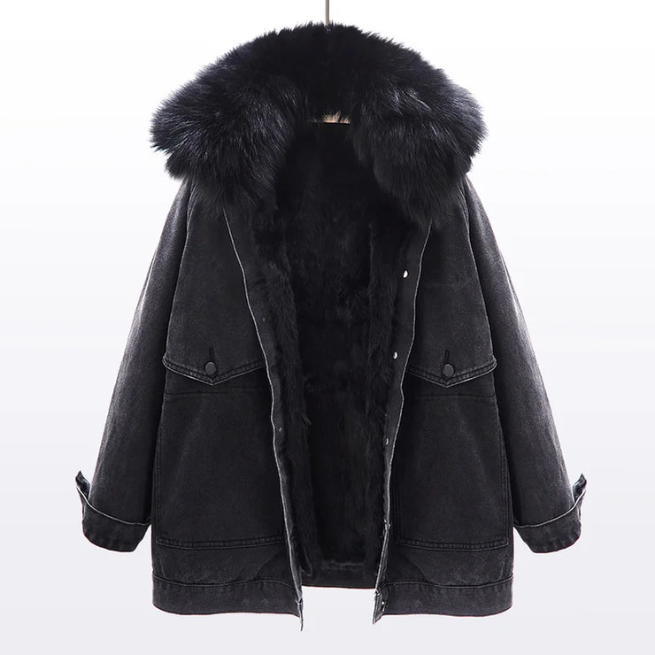 NATURAL FOX FUR COLLAR REMOVABLE RABBIT FUR DENIM JACKET