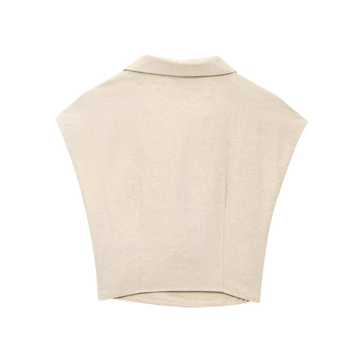 new women's fashion pleated lapel sleeveless top with buckle