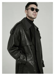 Long Black Crocodile Print Pu Leather Trench Men's coat