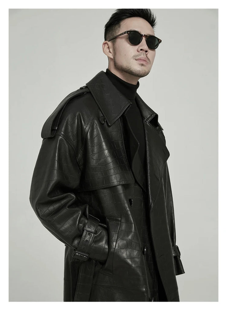 Long Black Crocodile Print Pu Leather Trench Men's coat