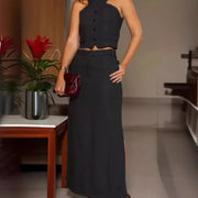 Buttoned Criss Cross Top & Side Slit Pocket Designed long skirt