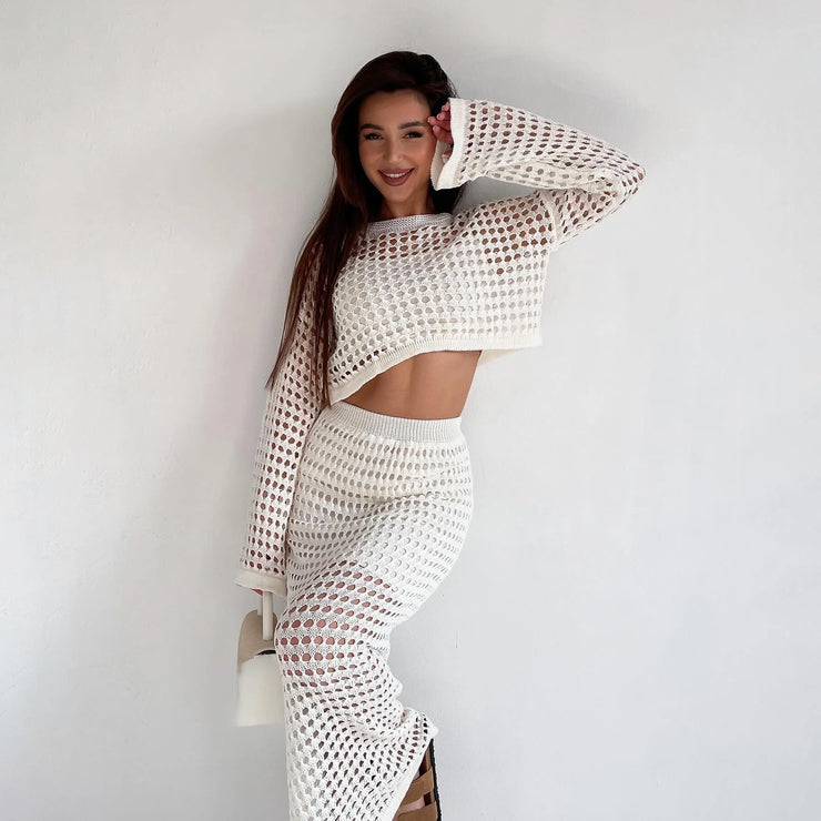 Women Casual Crochet Knit Two Piece Skirt