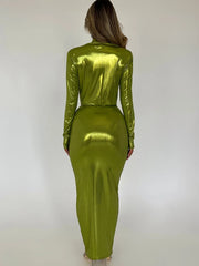 Articat Sexy Deep V Long Sleeve Lace Up Pleated Dress