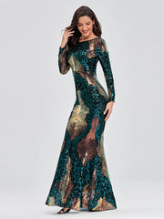 Luxury O-neck Long-Sleeve Shinning party Wear Dress