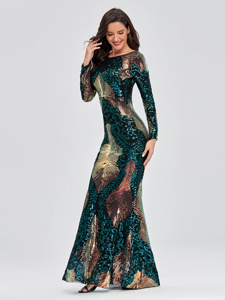 Luxury O-neck Long-Sleeve Shinning party Wear Dress