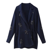 New Lace up Silk Satin Texture Suit Collar Coat Straight Leg Trouser Set