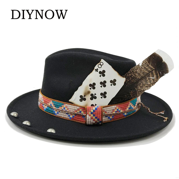 Retro Feather Fedoras Felt Wide Brim Jazz Cap