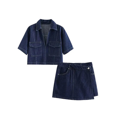 Women's Short Flip Collar Slim fit denim Top Asymmetric Denim