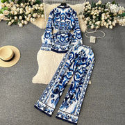 HIGH QUALITY TWO-PIECE NOTCHED COLLAR PORCELAIN PRINTED DRESS