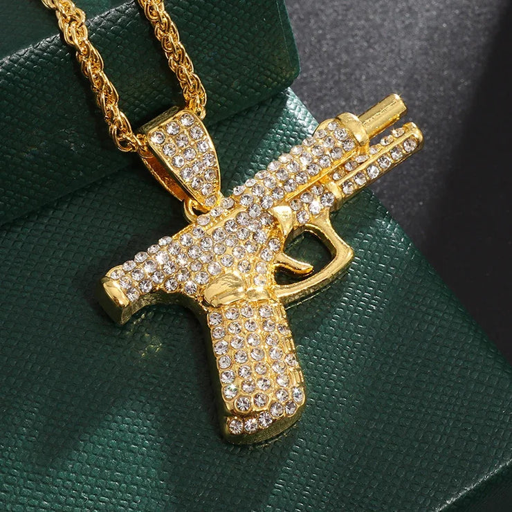Bling Iced Out Pistol Pendant Submachine Gun Necklace