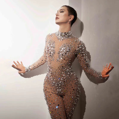 Women sexy skin tone diamond Shiny pearl stretch tight Party jumpsuit