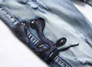 Blue Eyed Snake Embroidery Street Style Jeans