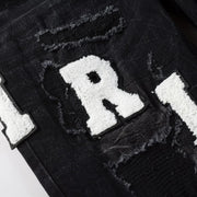 Men's High Street Black Jeans Embroidered Letters Skinny Stretch Jeans