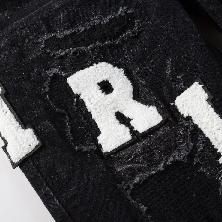 Men's High Street Black Jeans Embroidered Letters Skinny Stretch Jeans