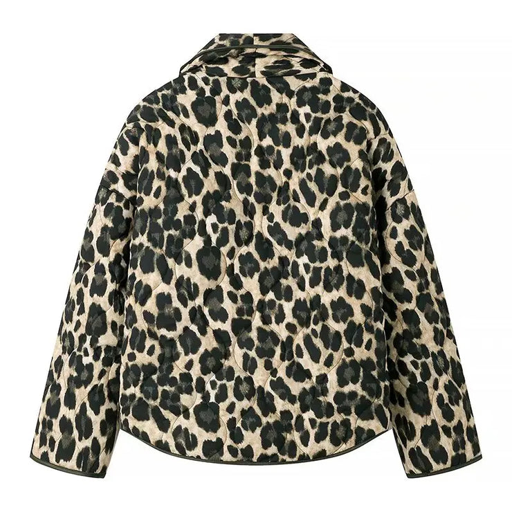 RETRO GREEN BLACK LEOPARD PRINT LAPEL QUILTED COAT