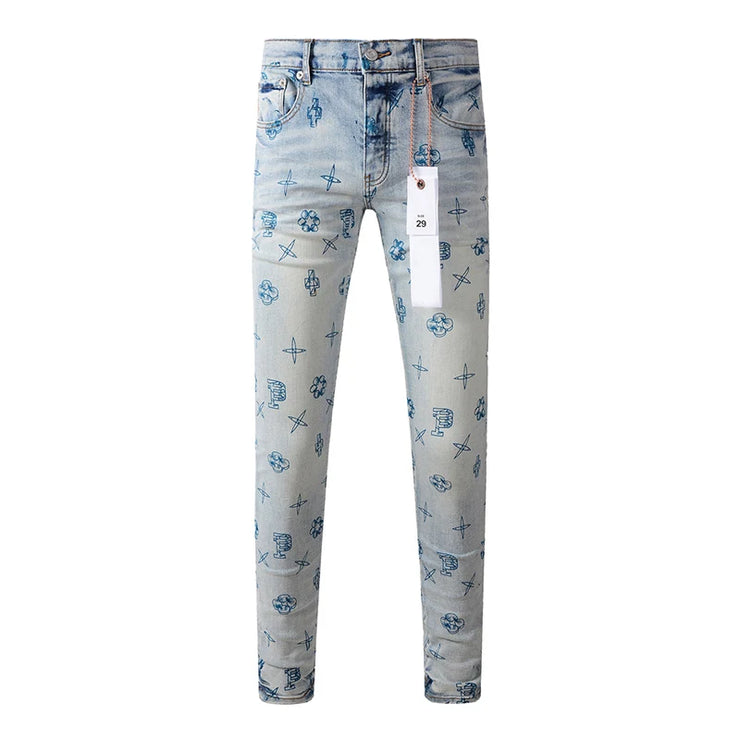Men's Distressed Light Blue Holographic Ripped Jeans