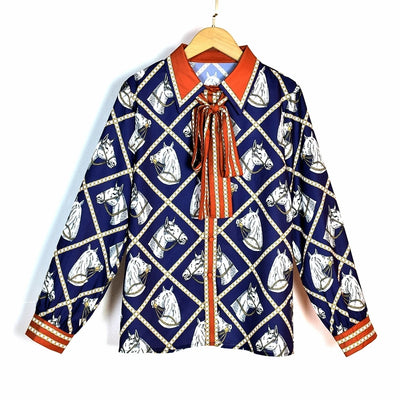 Luxury Imitation Silk Horse Deep Blue Long Sleeves Shirt