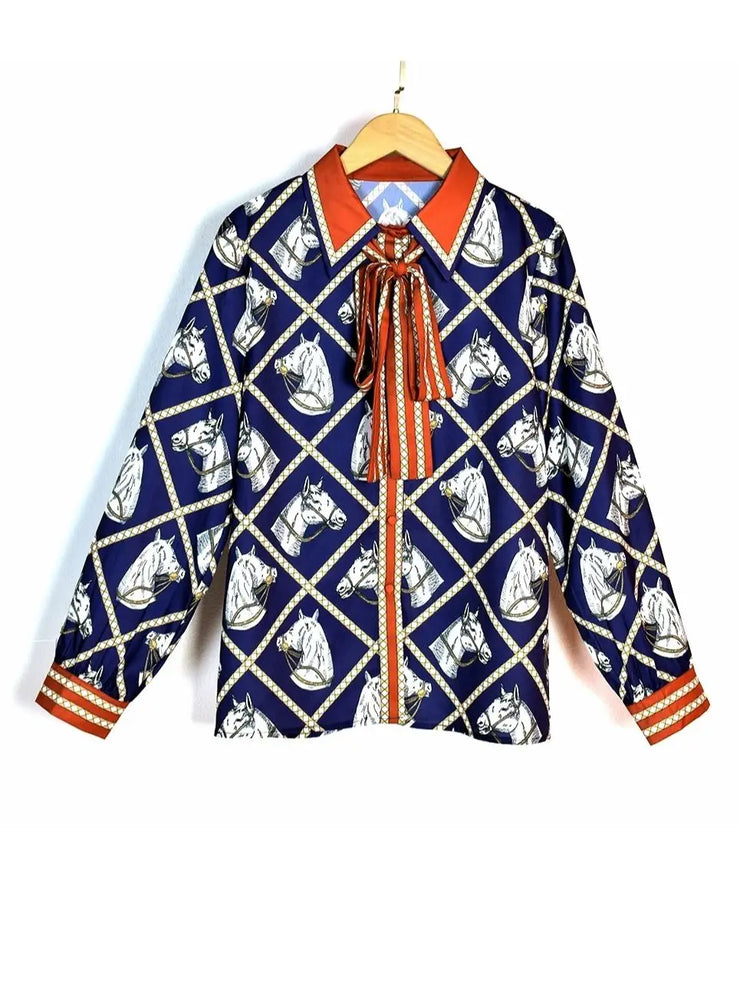 Luxury Imitation Silk Horse Deep Blue Long Sleeves Shirt