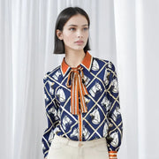 Luxury Imitation Silk Horse Deep Blue Long Sleeves Shirt