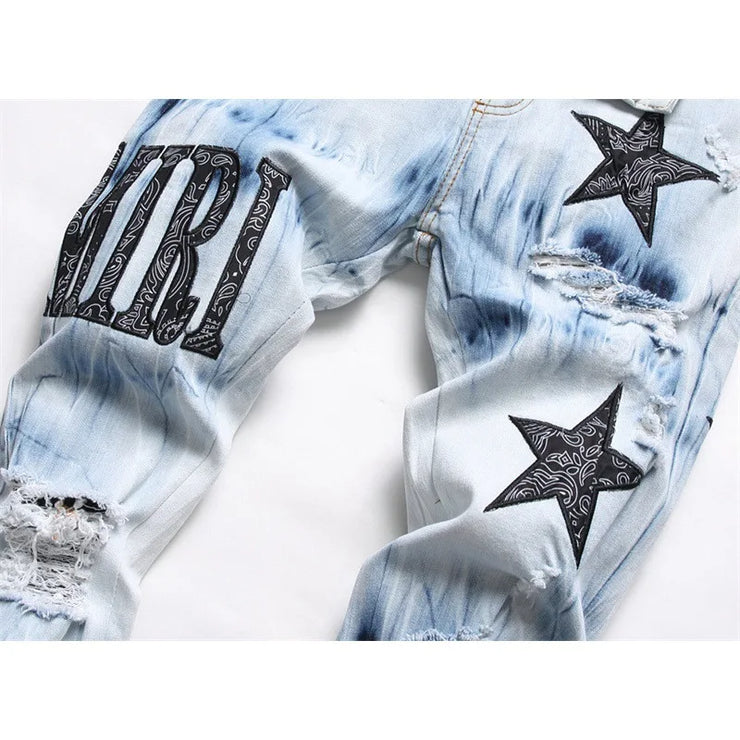 Men's Embroidered Five-Pointed Star Fashion Elastic Slim Fit Trouser