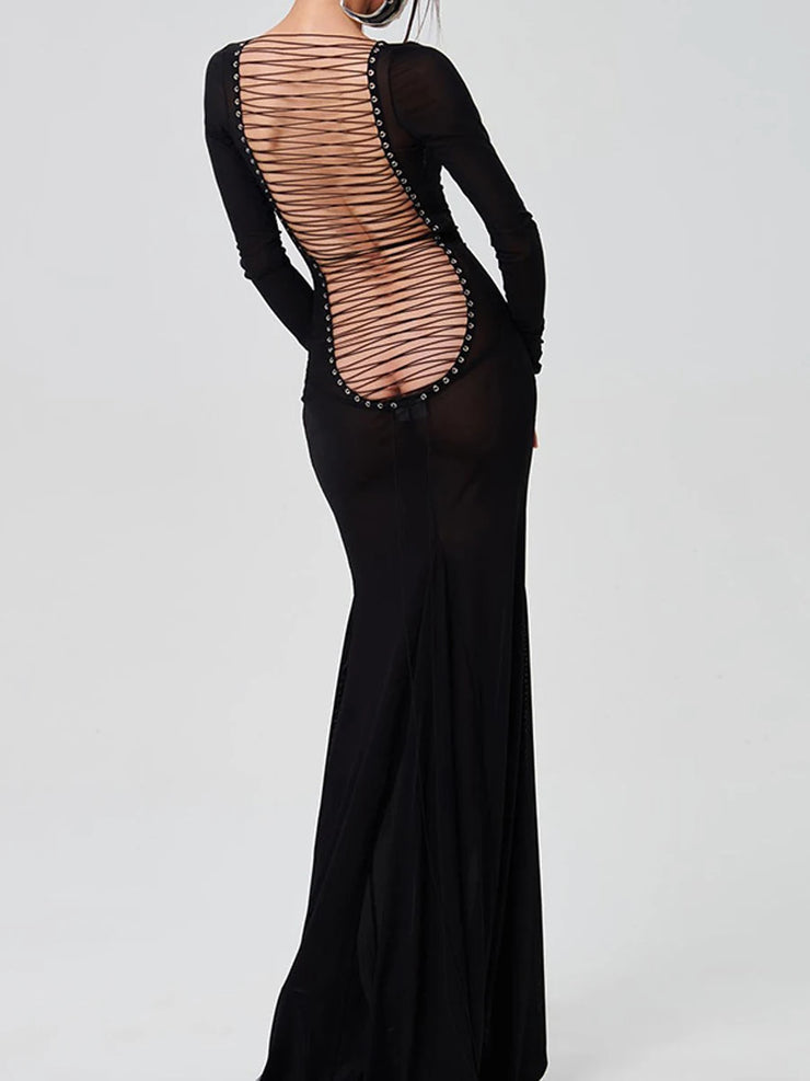 Black Long Lace Up Transparent Dress