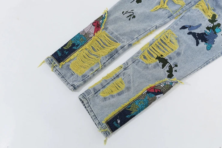 Oil Painting Embroidered Tassel Denim