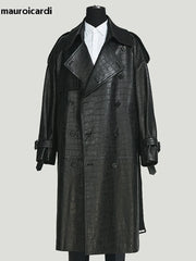 Long Black Crocodile Print Pu Leather Trench Men's coat