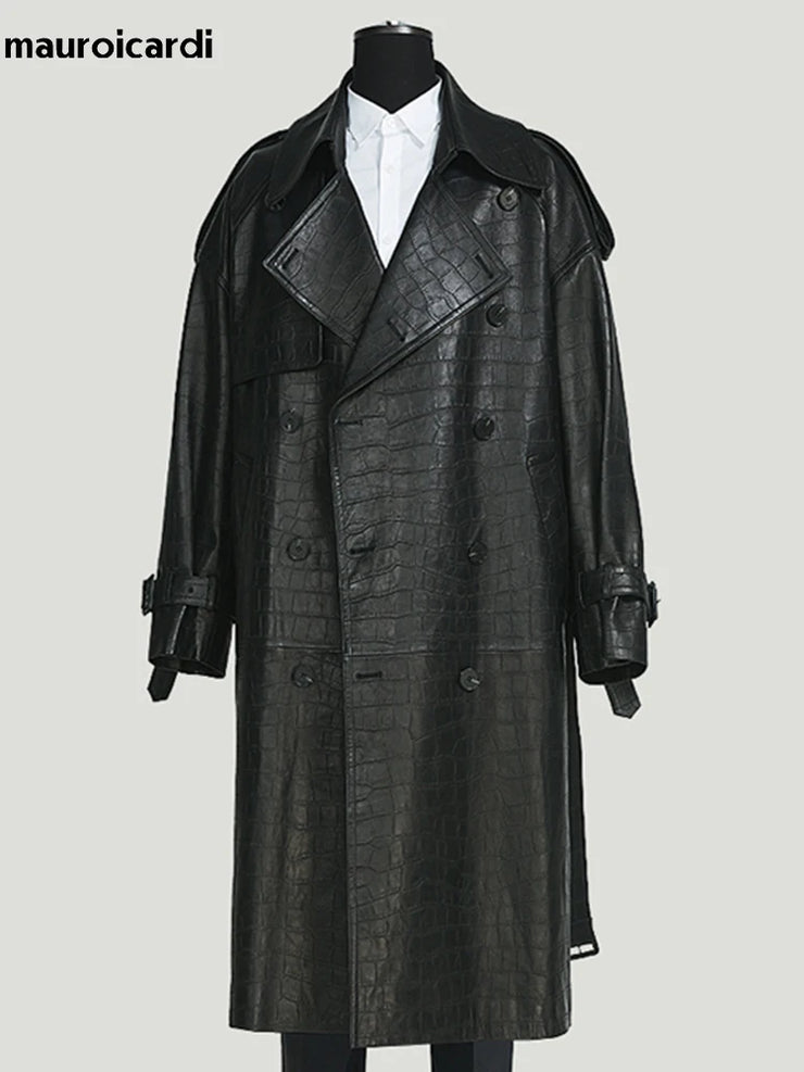 Long Black Crocodile Print Pu Leather Trench Men's coat