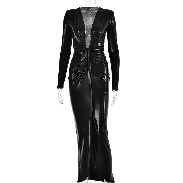 Articat Sexy Deep V Long Sleeve Lace Up Pleated Dress