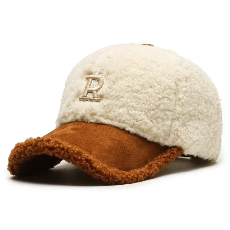 White Brown Lambswool  Warm Plush Trucker Cap
