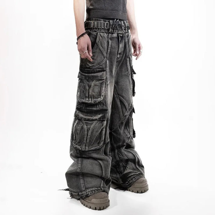 American Vintage Stitching Multi-pocket Heavy Washing Baggy Jeans