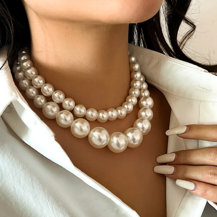 Elegant Two Piece Imitation Pearl Beaded Choker Necklaces