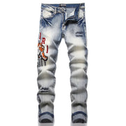 Designer Embroidered Hollow Letter Elastic Mid Rise Denim